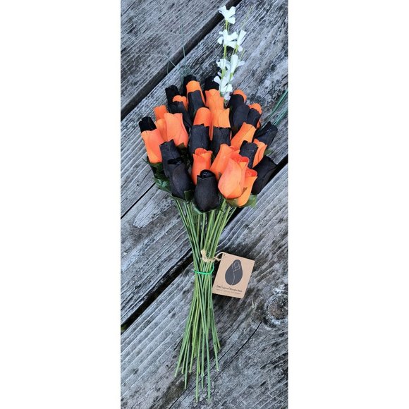 3 Dozen Halloween Black and Orange The Original Wooden Rose Flower Bouquet - Picture 6 of 7